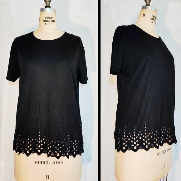 The Kooples Black Short-Sleeved Tee with Eyelet Lace Embroidery Hem - Small EUC - Picture 2 of 6